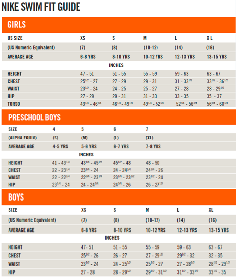 Nike Kids Swim Size Chart Πίνακας μεγεθών Nike Kids Swim Swim